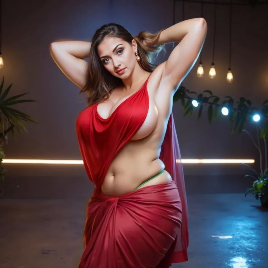 Curvy Hot Voluptuous Woman in Red Saree showing panty strap